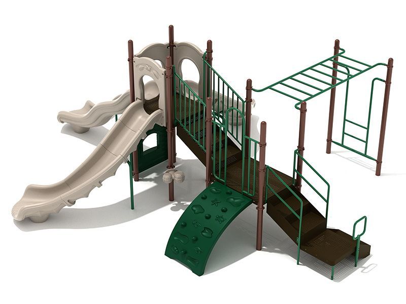 Playground with two slides, climbing wall, stairs, and monkey bars. Beige and green.