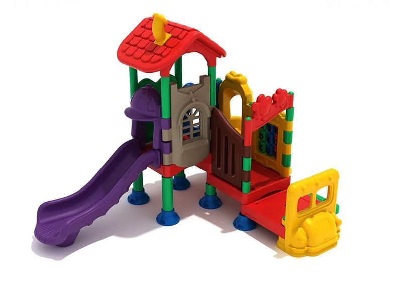 Colorful plastic playground structure with slide, tower, and ramp.