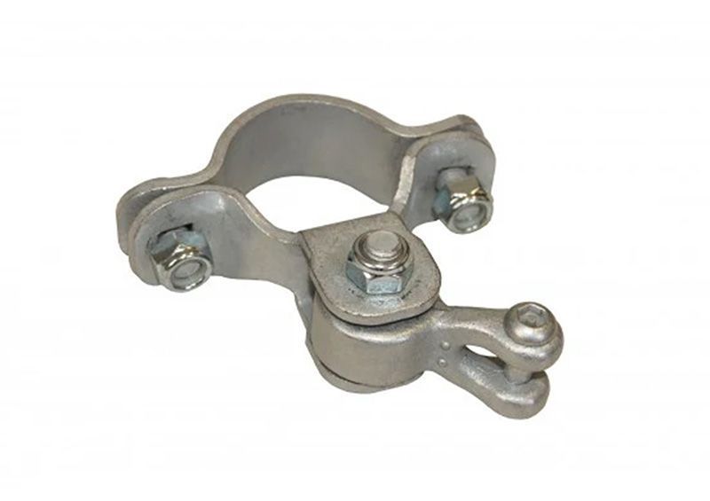 Silver gate hinge with bolts and a curved loop.