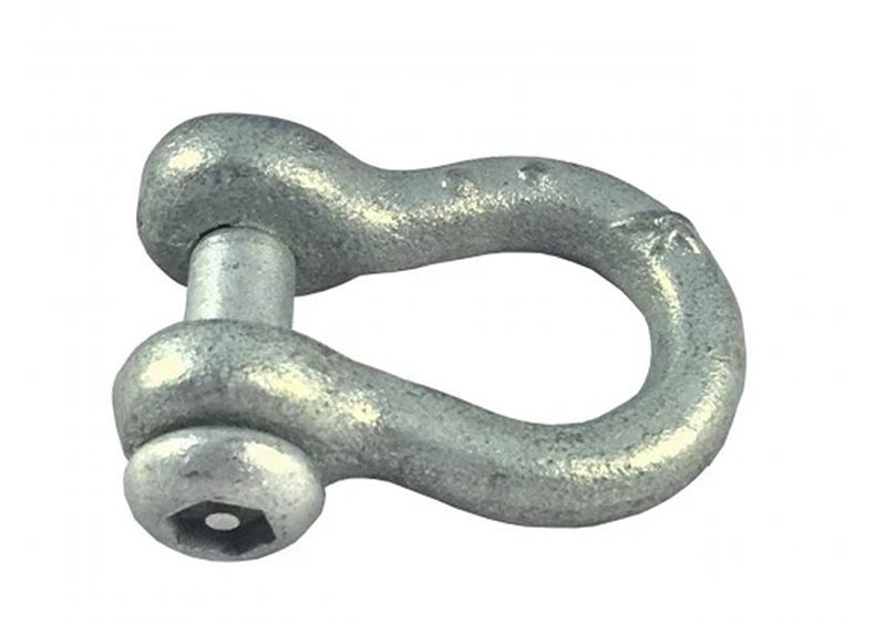 Galvanized steel shackle with pin, for connecting ropes or chains.