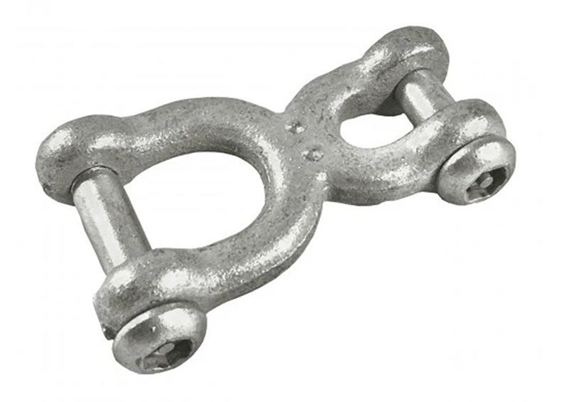 Galvanized steel shackle with two D-rings and a connecting loop.