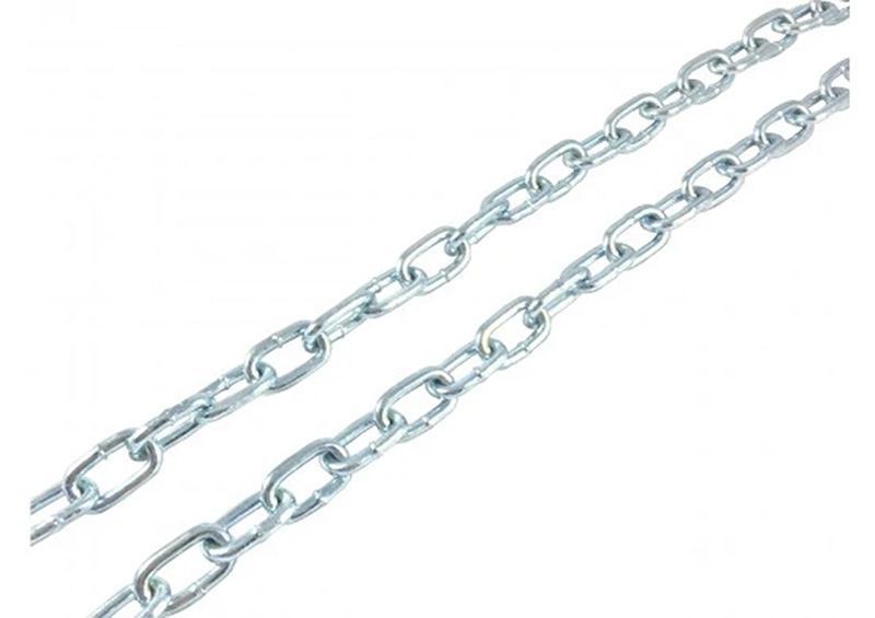Two metal chains, side-by-side, angled across a white background.