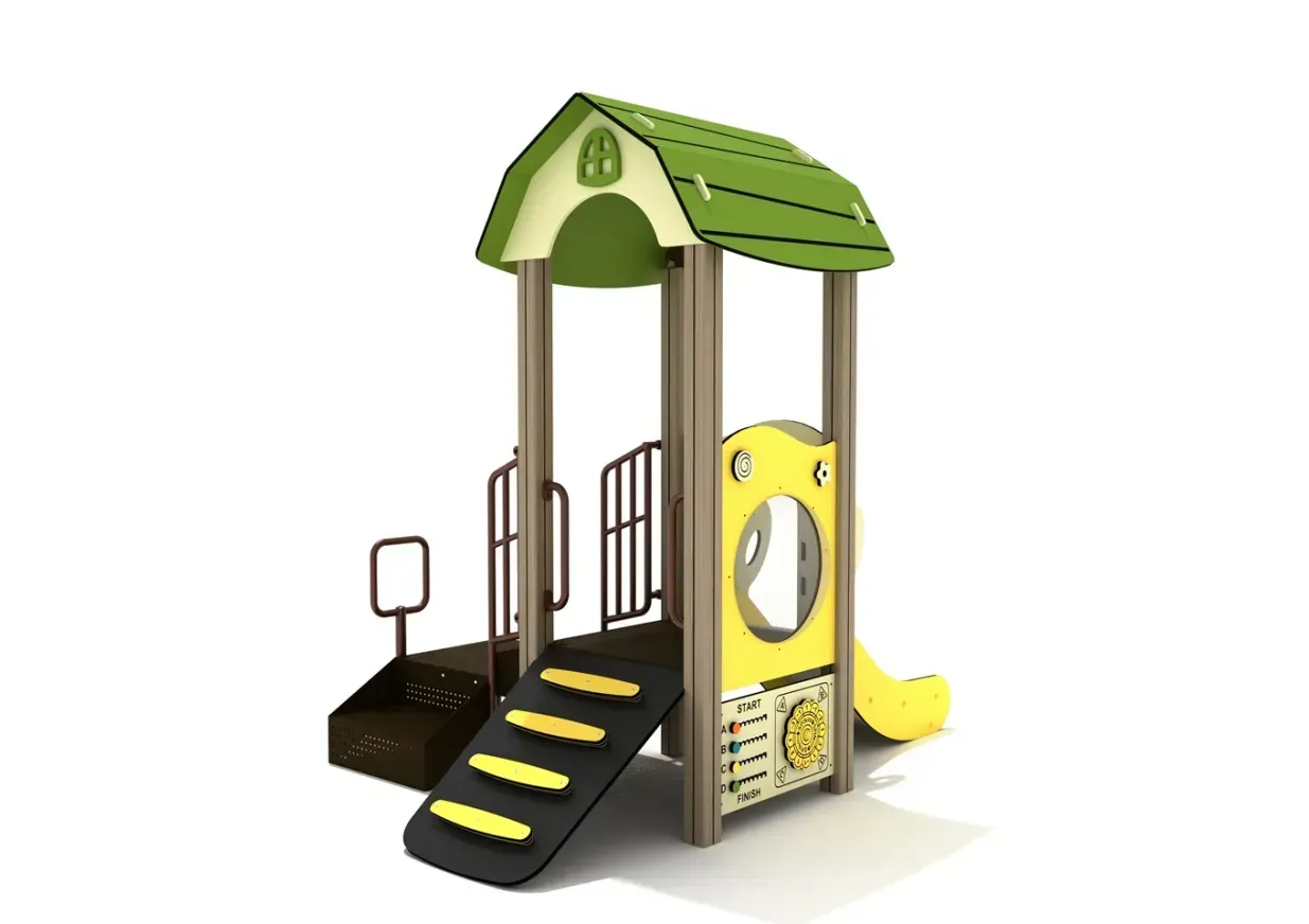 Yellow and green playground playhouse with stairs, slide, and roofed climbing platform