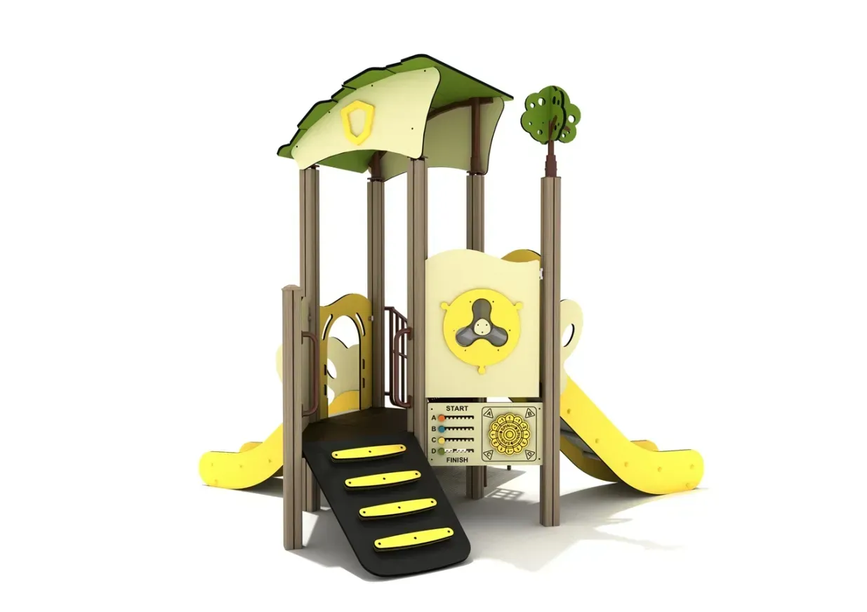 Yellow and green playground tower with slides and steps on a white background