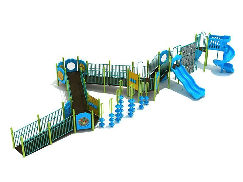 Playground with multiple blue and green structures, including slides, climbing walls, and bridges.