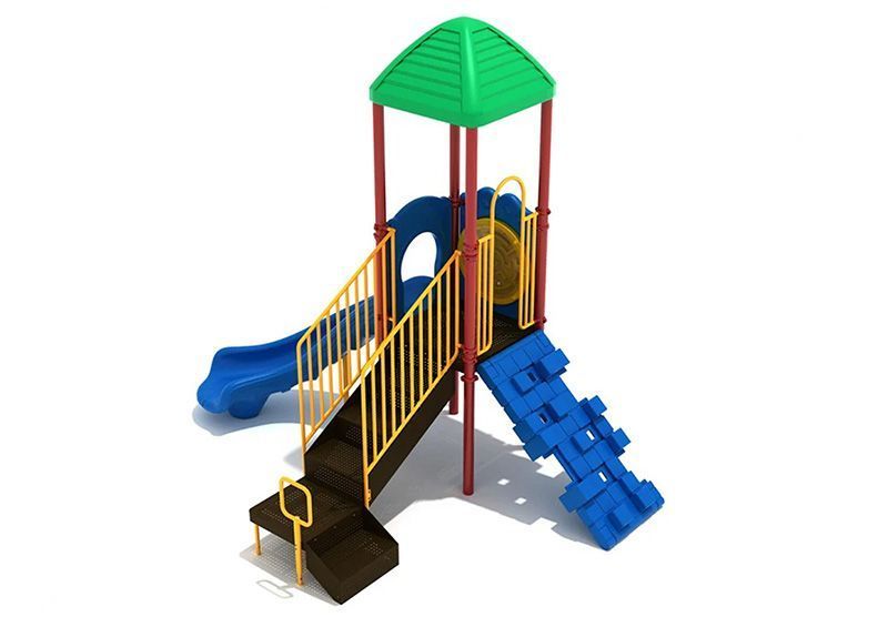 Playground structure with a blue slide, steps, and climbing wall; green roof, brown and yellow accents.