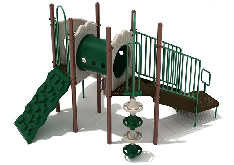 Playground with a slide, steps, tube, and climbing wall.