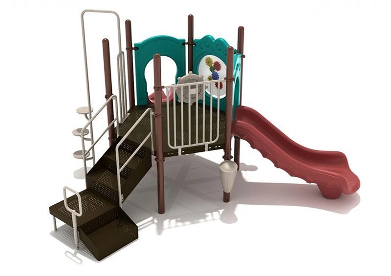Playground structure with a brown staircase, a red slide, and a teal-colored platform.
