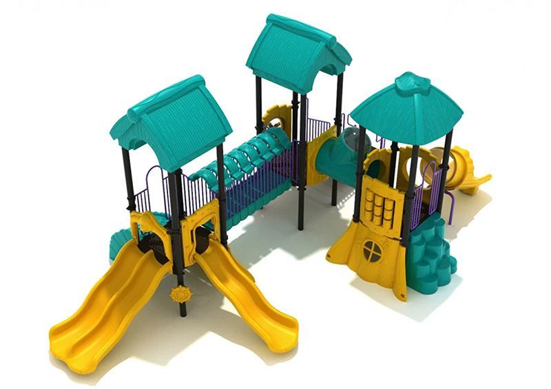 Playground with yellow slides, teal roofs, and a connecting bridge.