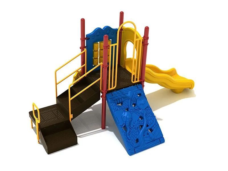 Playground structure with a slide, climbing wall, stairs, and handrails. Yellow, blue, red and brown colors.