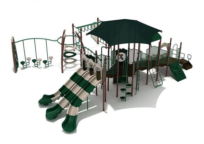 Playground structure with slides, climbing elements, and canopy, mostly green and tan.