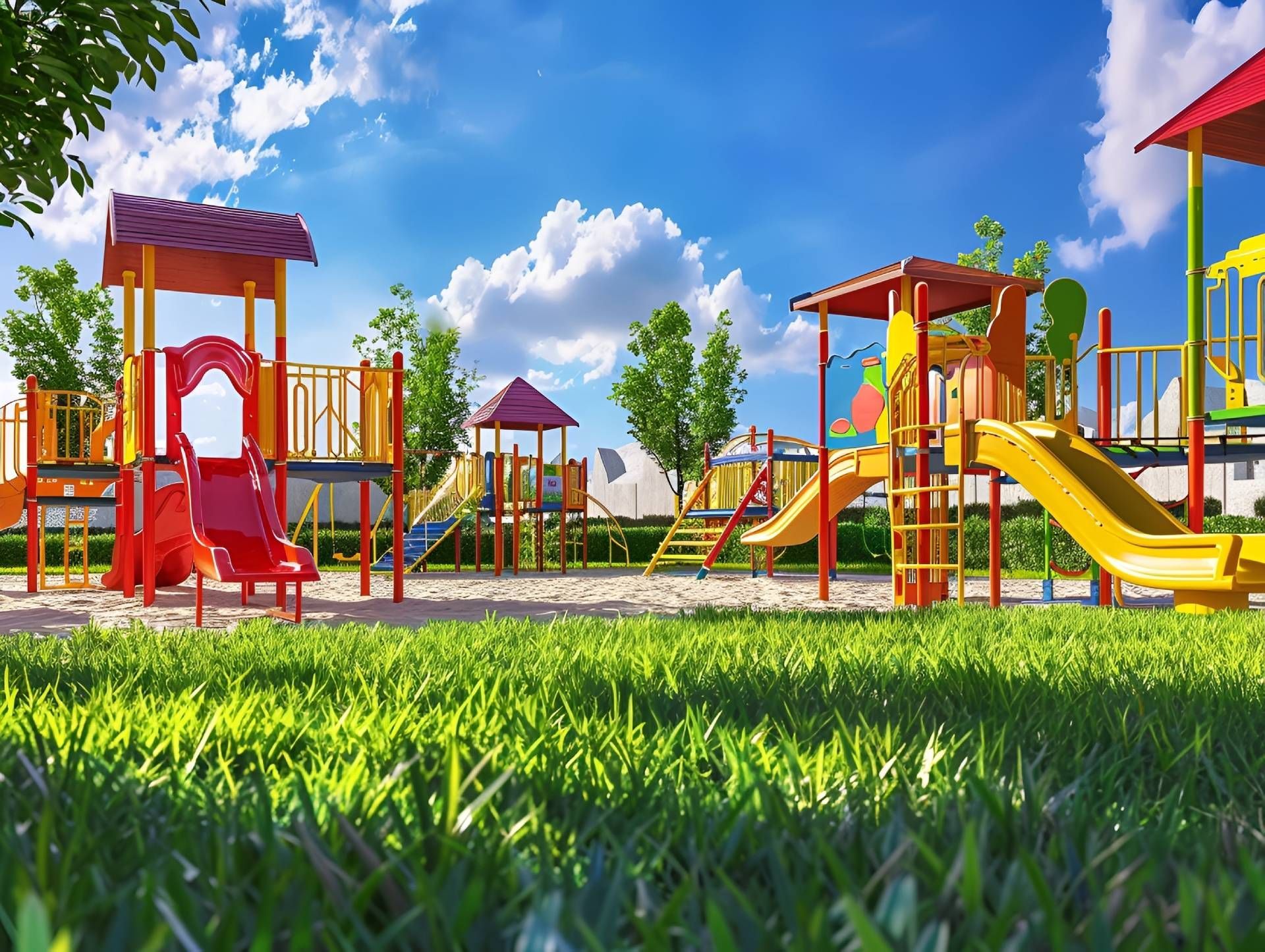 Two children sliding down a yellow slide on a playground; green turf, blue sky.