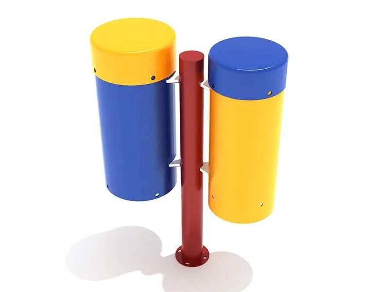 Playground drums, blue and yellow cylindrical drums, connected to a red vertical pole.