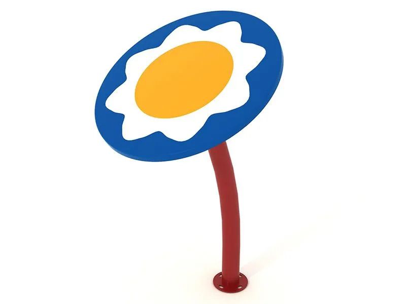 Playground equipment shaped like a flower: red stem with a blue, white, and yellow flower-shaped top.