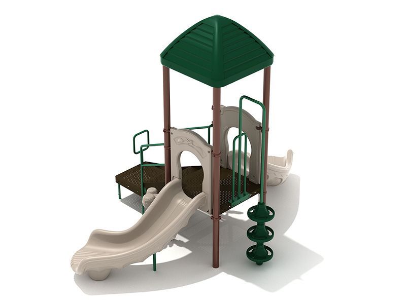 Playground with tan slide, green roof, and brown supports.