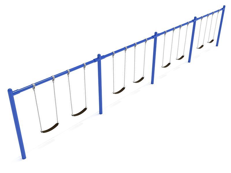 Blue swing set with multiple swings, white ropes, and brown seats, outdoors.