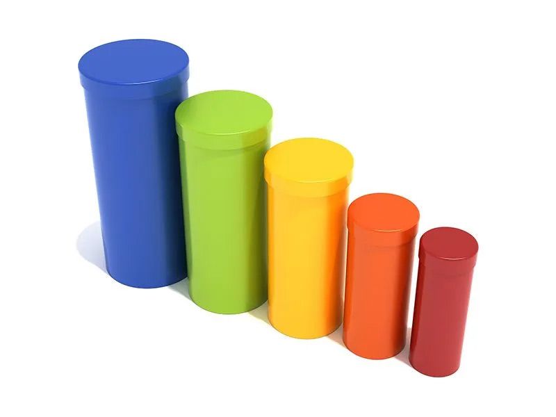 Five colorful cylinders, blue to red, arranged in descending height like a bar graph.