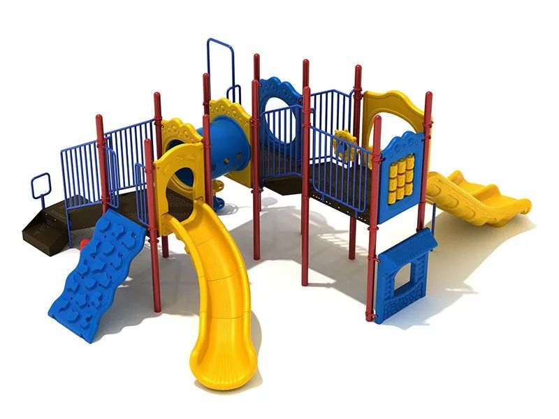 Colorful playground with slides, climbing structures, and railings.