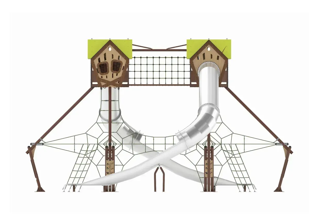 Conceptual playground with two towers, tunnels, rope bridges, and slides in brown, white, and green
