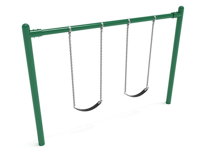 Green swing set with two swings, chains, and black seats, on a white background.