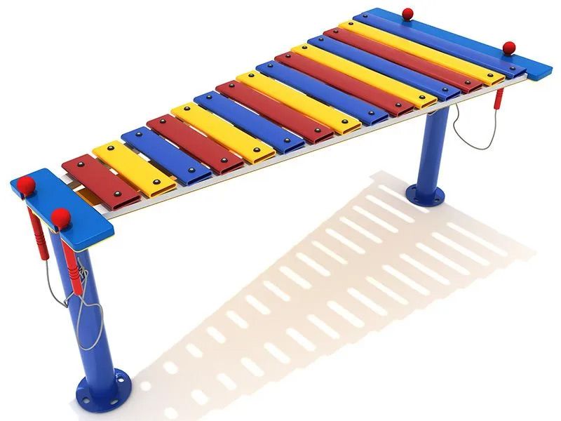 Colorful outdoor xylophone with blue supports and hanging mallets.