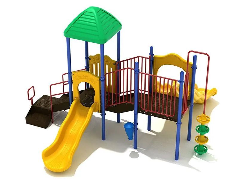 Playground with green roof, yellow slide, and blue supports on white.