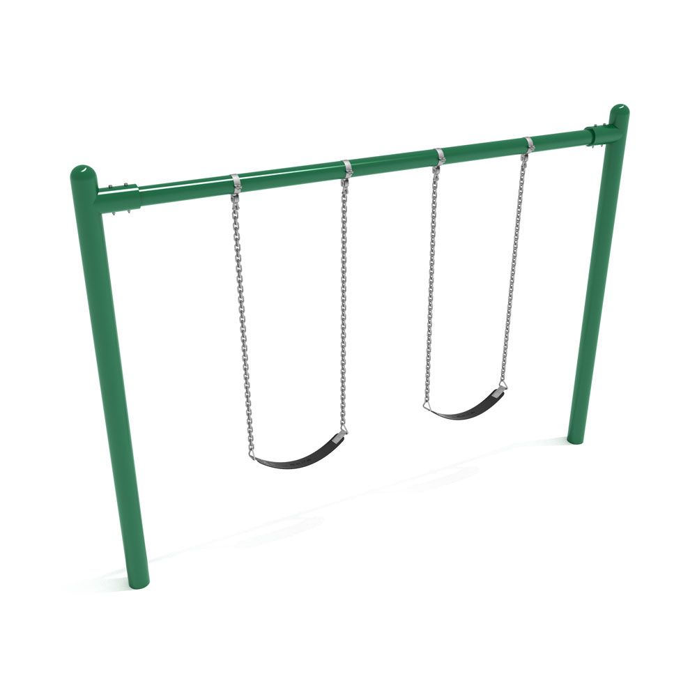 Green swing set with two empty swings on a white background