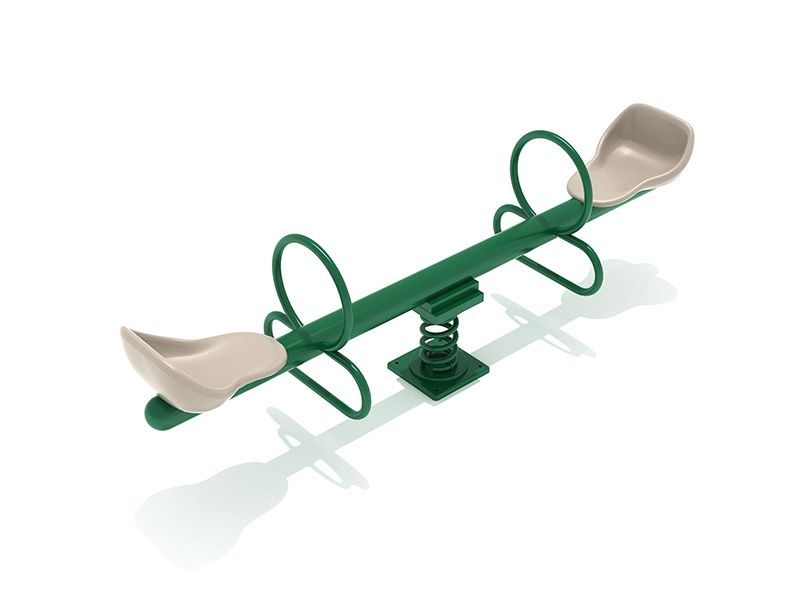 Green seesaw with tan seats and handles on a white background.