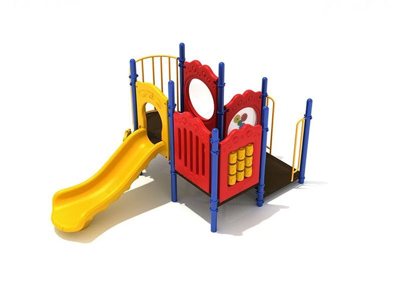 Yellow slide and red playground structure with blue supports; on white.