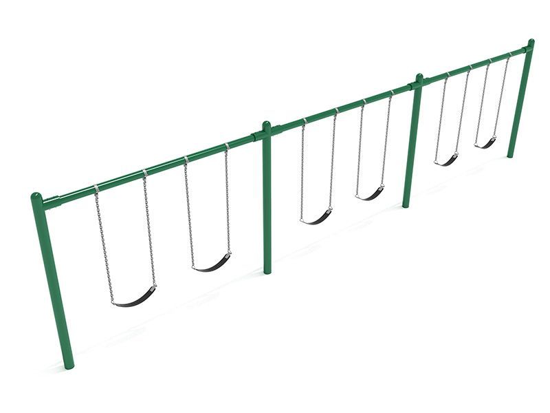 Green metal swing set with multiple swings, set outdoors.