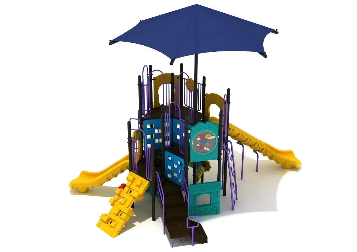 Colorful playground climber with slides and a blue canopy on a white background