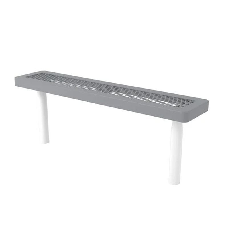 Gray bench with a metal grate seat, supported by white legs.
