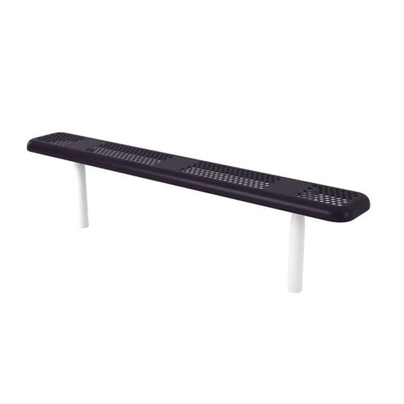 Perforated black metal bench with white legs, on a white background.