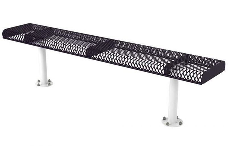 Black metal mesh bench on white posts.