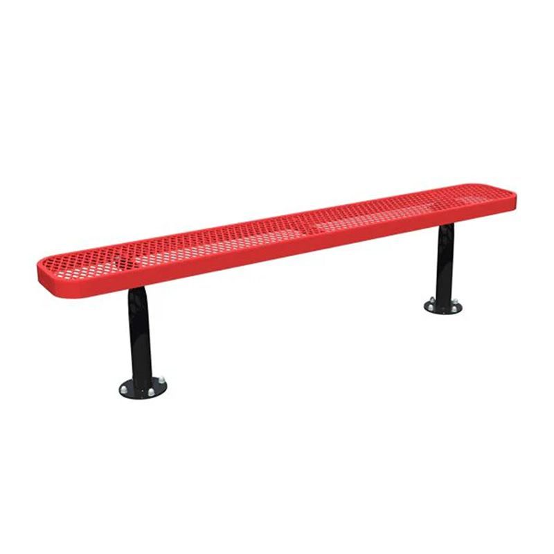 Red metal bench with black legs.