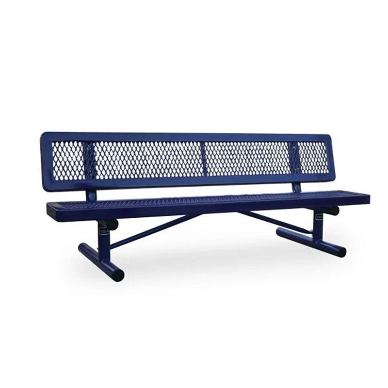 Blue metal park bench with diamond-patterned back and seat, on a white background.