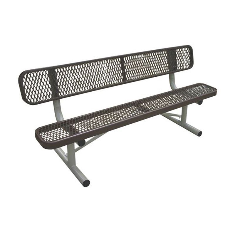 Brown metal bench with diamond-patterned seat and back, supported by white legs, likely outdoors.
