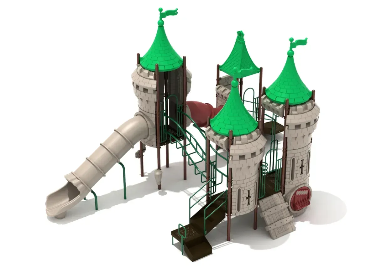 Children’s playground with green-roofed castle towers and a slide