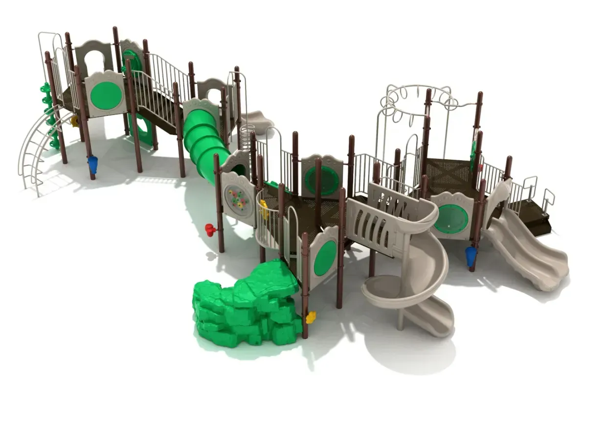 Large playground with climbing nets, bridges, slides, and tunnels in brown, green, and gray colors.