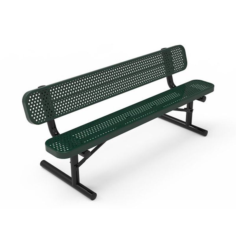 Green metal park bench with a perforated back and seat, black legs.