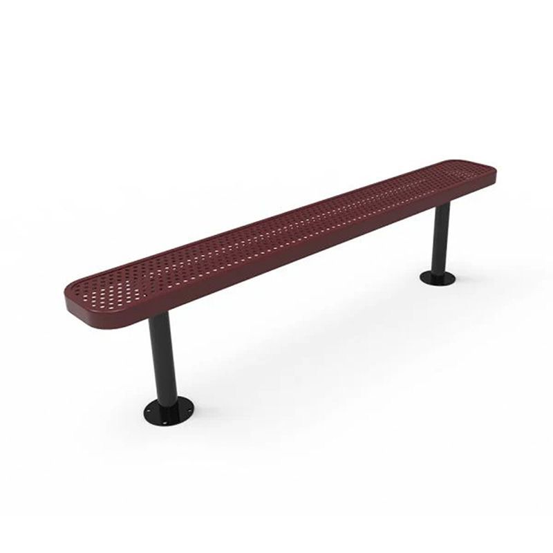 Red metal bench with black legs, on a white background.