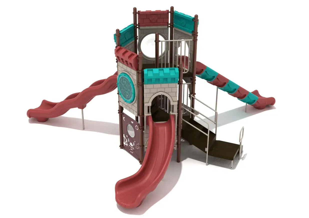 Playground climbing tower with red slides, teal accents, and ramps around a central play structure