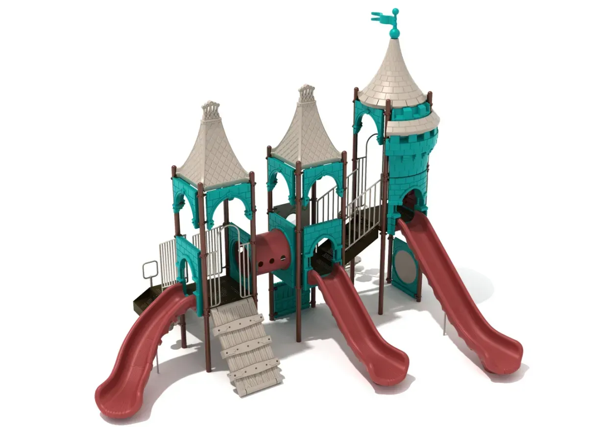 Turquoise and beige playground playset with slides, stairs, and towers on a white background