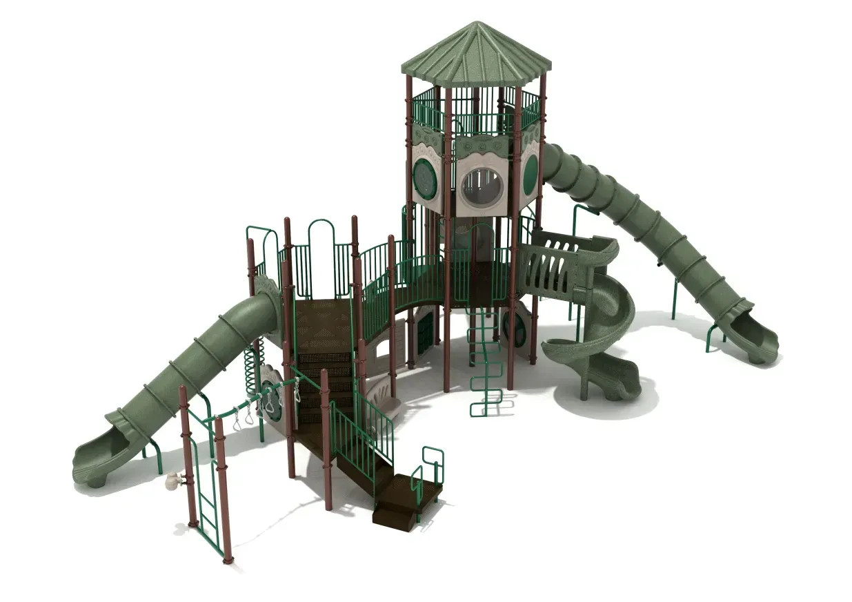 Green playground tower with two slides and climbing platforms on a white background