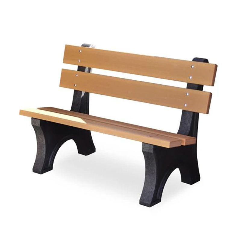 Brown and black park bench with a slatted back and seat.