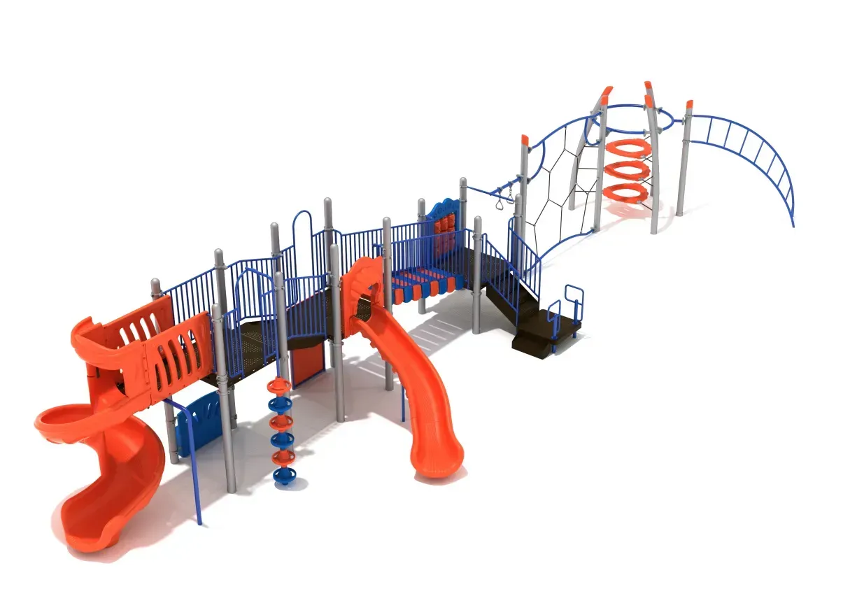 Colorful playground structure with slides, climbing nets, ladders, and tunnels on a white background