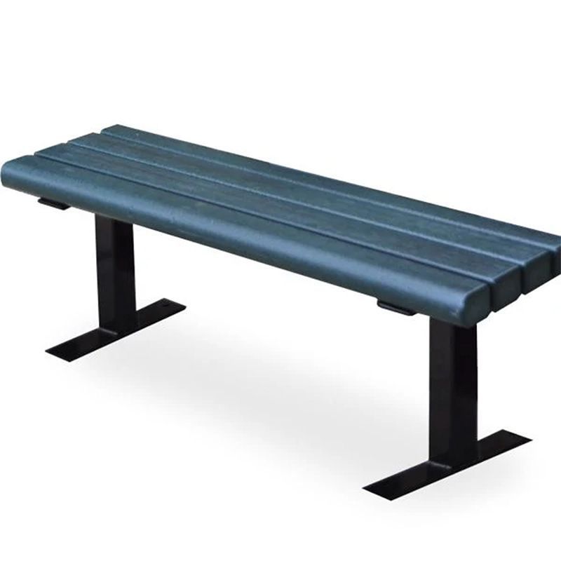 Outdoor bench with gray planks and black metal legs.