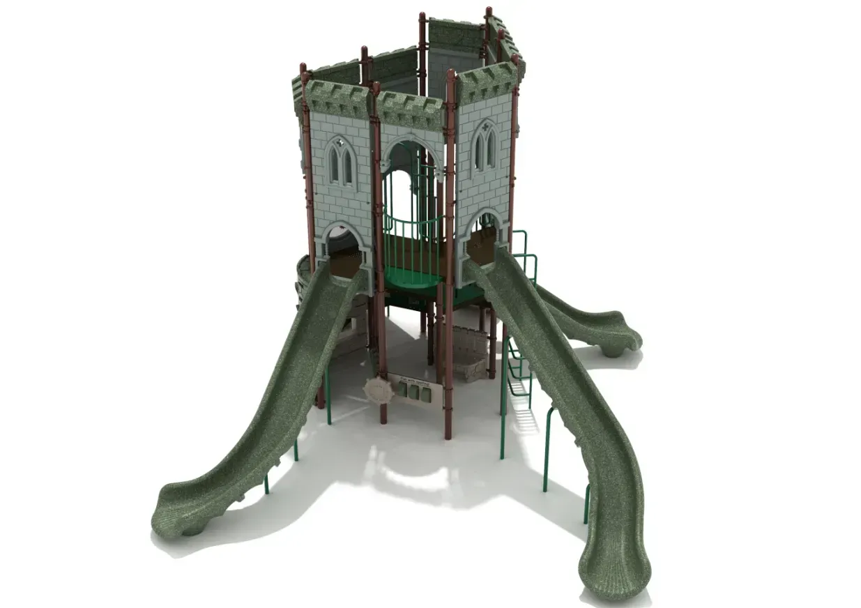 Green playground tower with four slides and climbing bars on a white background