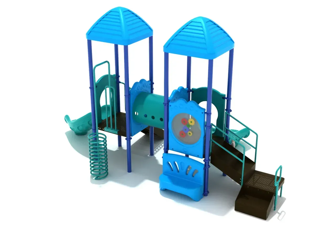 Blue and green playground climbing structure with slides, stairs, and tunnel panels