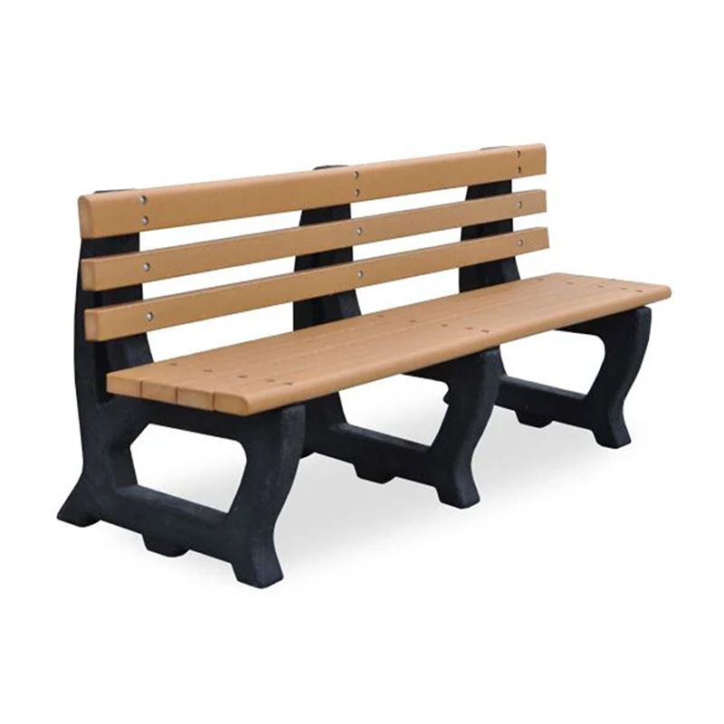 Outdoor park bench, brown planks, black frame.